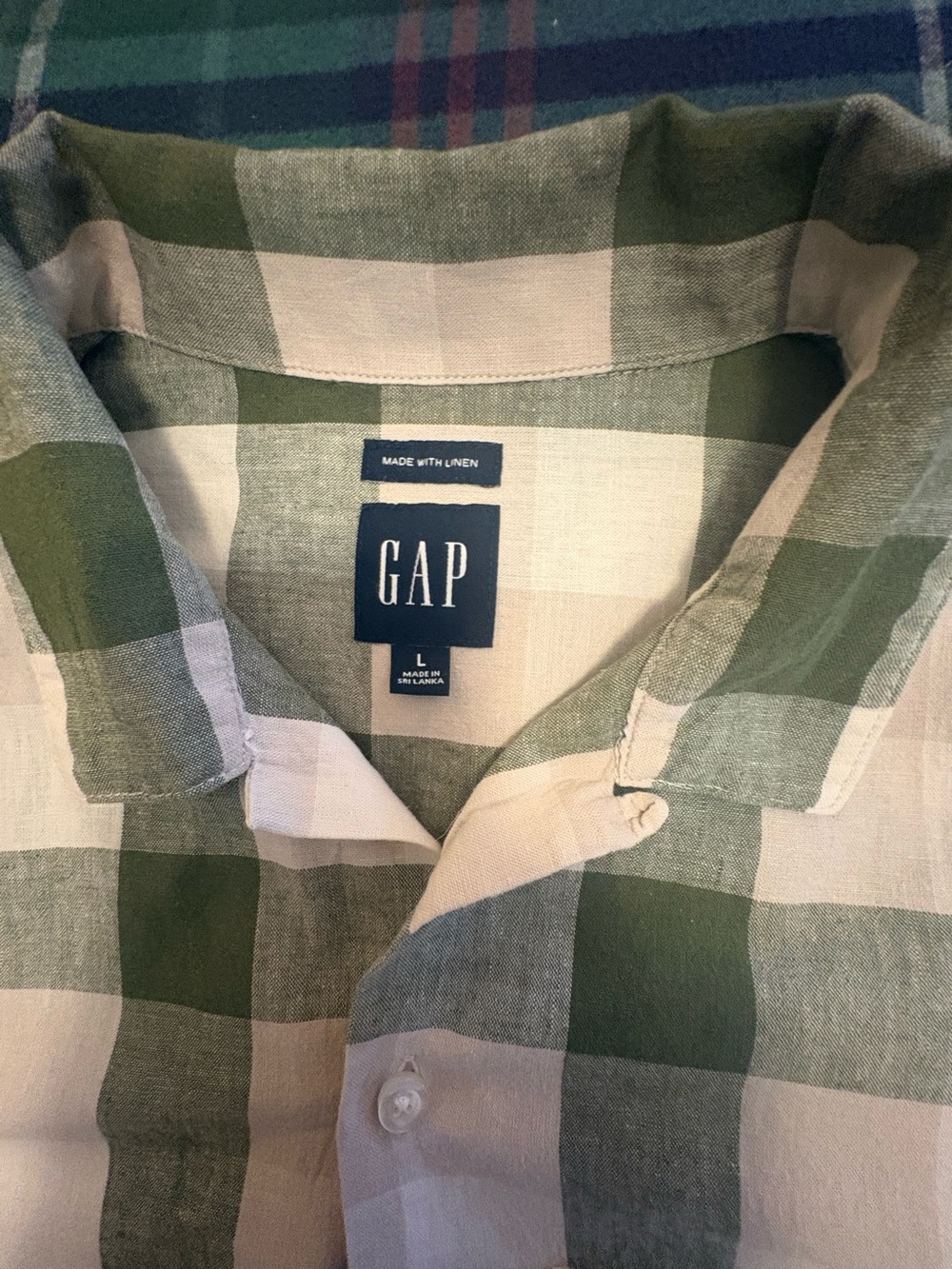 GAP Green and White Linen Plaid Button-Down Shirt